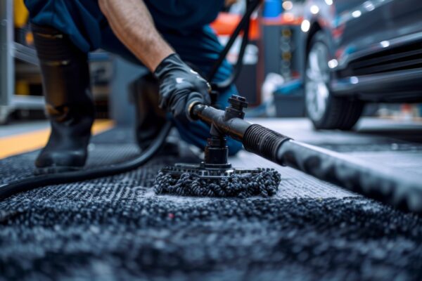A detailer using a carpet extractor to deep clean and shampoo the carpets and floor mats of a car, removing stains and odors for a fresh interior. A detailer using a carpet extractor to deep clean and shampoo the carpets and floor mats of a car, removing stains and odors for a fresh interior.