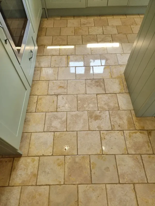 Travertine kitchen floor after cleaning and polishing Travertine kitchen floor after cleaning and polishing