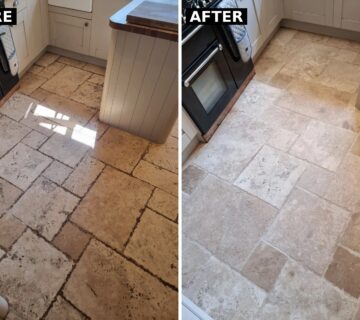 Tumbled travertine kitchen floor before and after deep cleaning