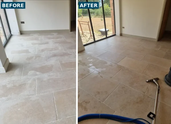 Grout haze on a new limestone floor, before and after removal Grout haze on a new limestone floor, before and after removal